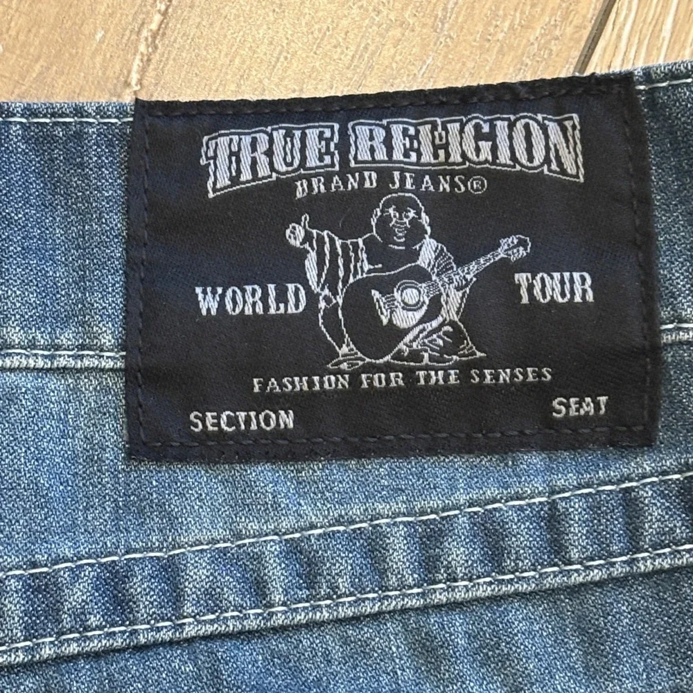 True Religion Geno Mens 38 Distressed Plaid Patch Relaxed Slim Straight Jeans